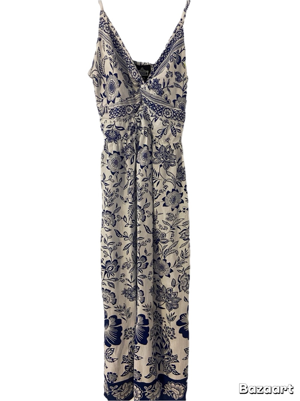 Angie Cream and Navy Blue Floral Maxi Dress